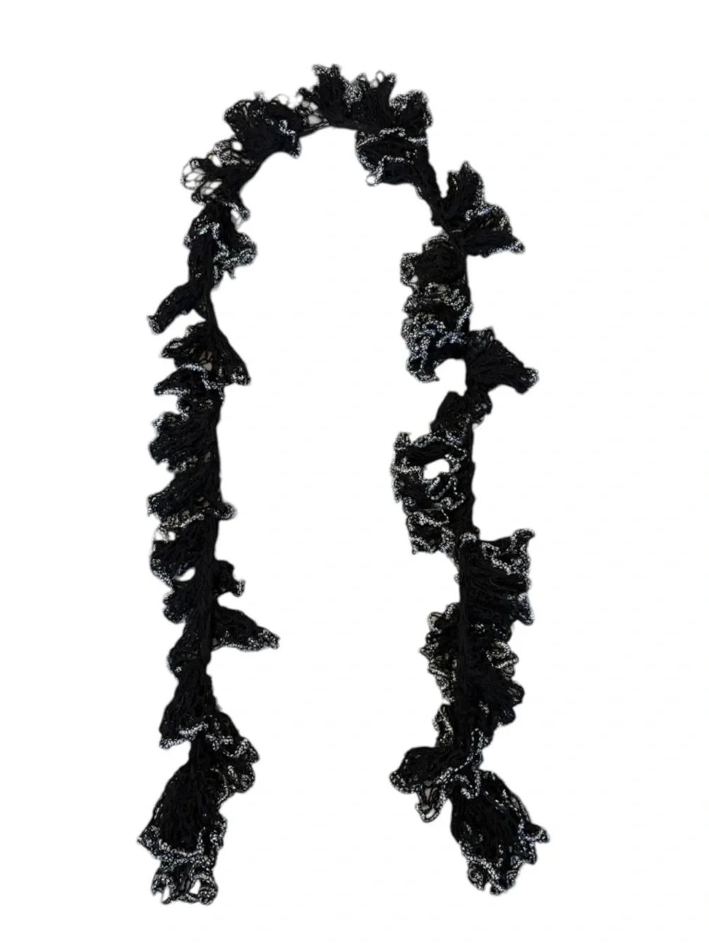 Black Silver Trim‎ Twisted Crochet Ruffled Scarf Long 66” Boho Boutique Preppy